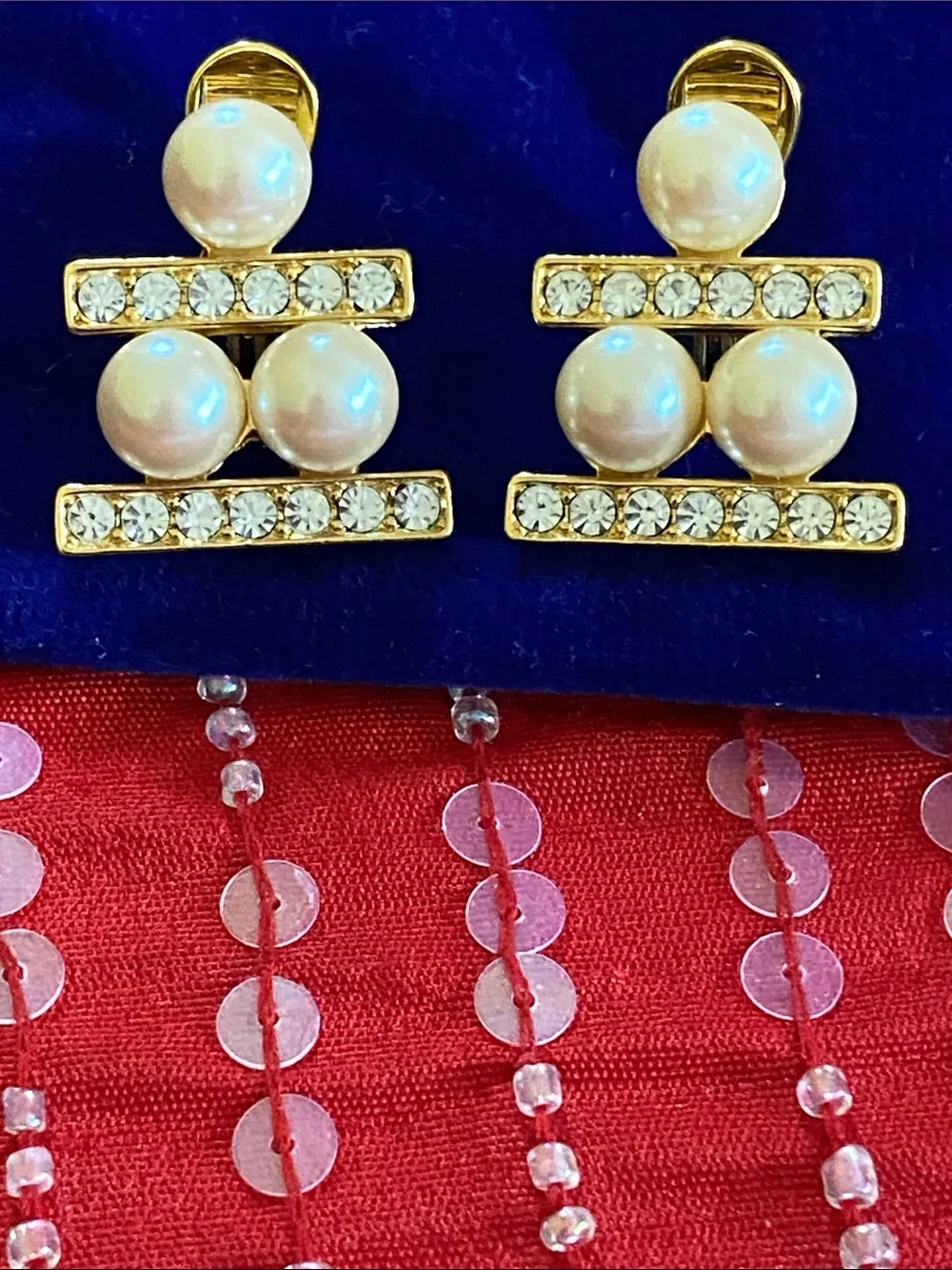 Vintage Monet Stamped Beautiful Pearl Crystal Art Deco Clip Earrings NWOT